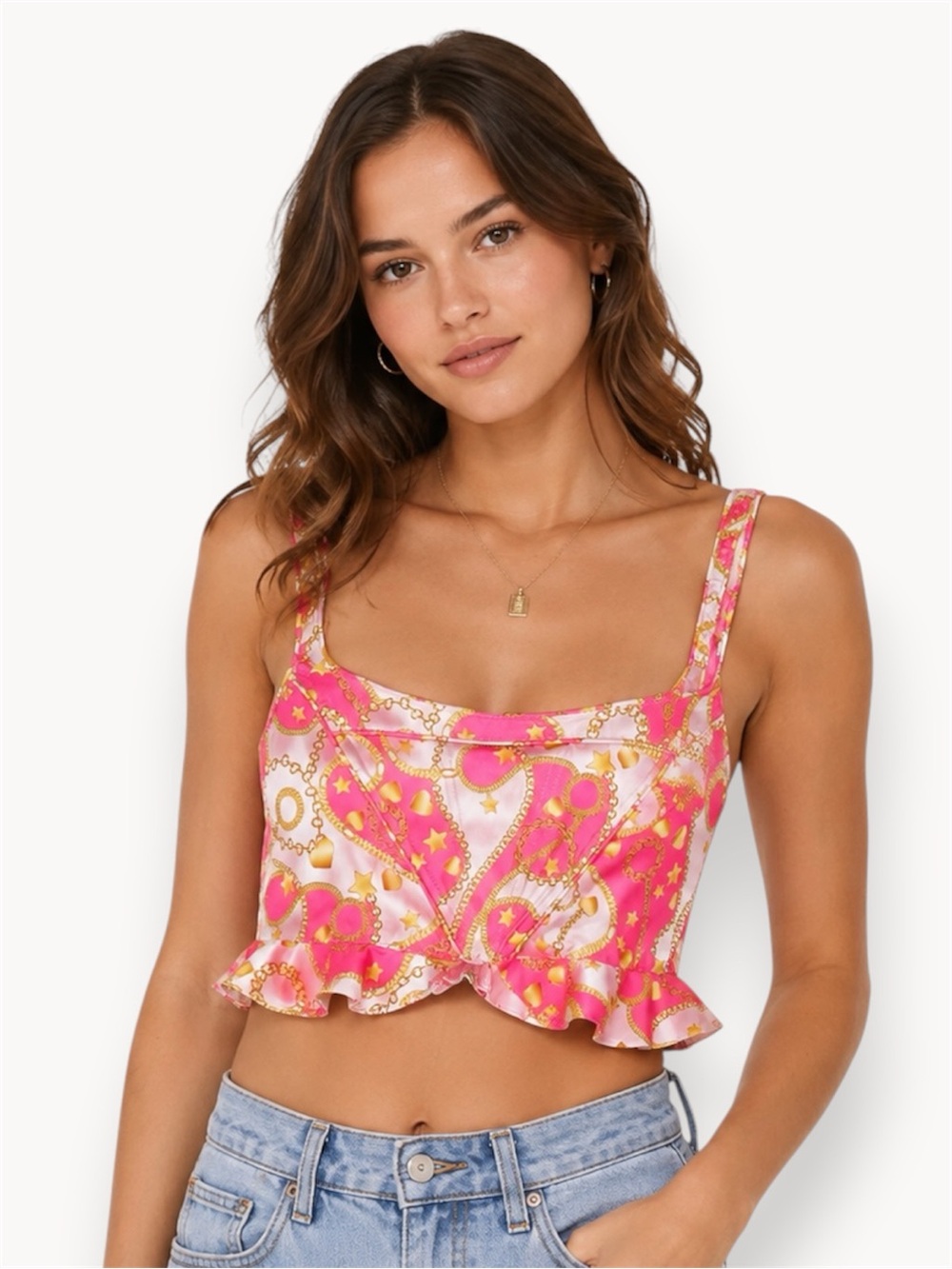 NWT Sugar Thrillz Dolls Kill Pink & Gold Chain Print Crop Top